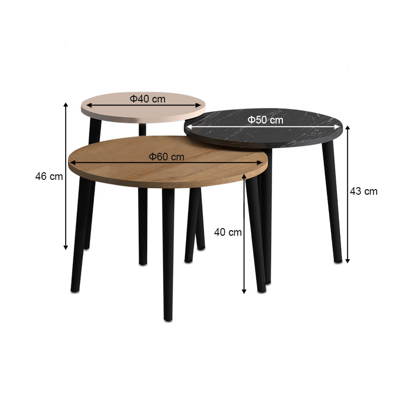Τραπεζάκι Σαλονιού Σετ 3 Τμχ Roma Χρώμα Oak - Μαύρο Εφέ Μαρμάρου - Κρεμ Φ60x46