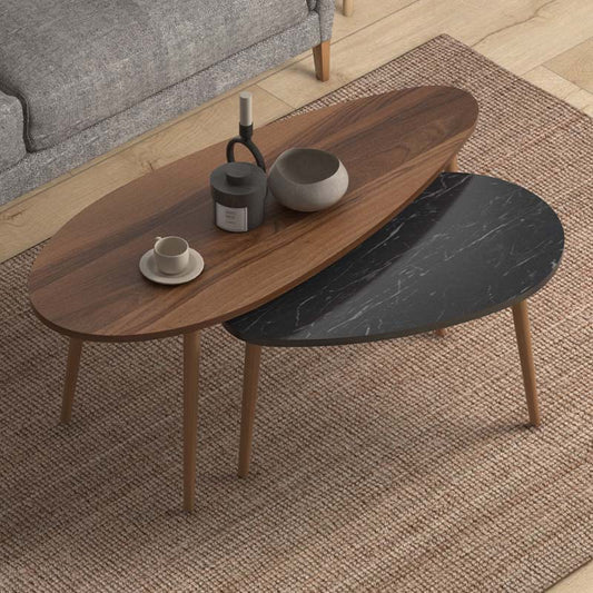 Βοηθητικά Τραπεζάκια Elips από Μελαμίνη Χρώμα Καρυδί - Μαύρο Εφέ Μαρμάρου 116x46x46