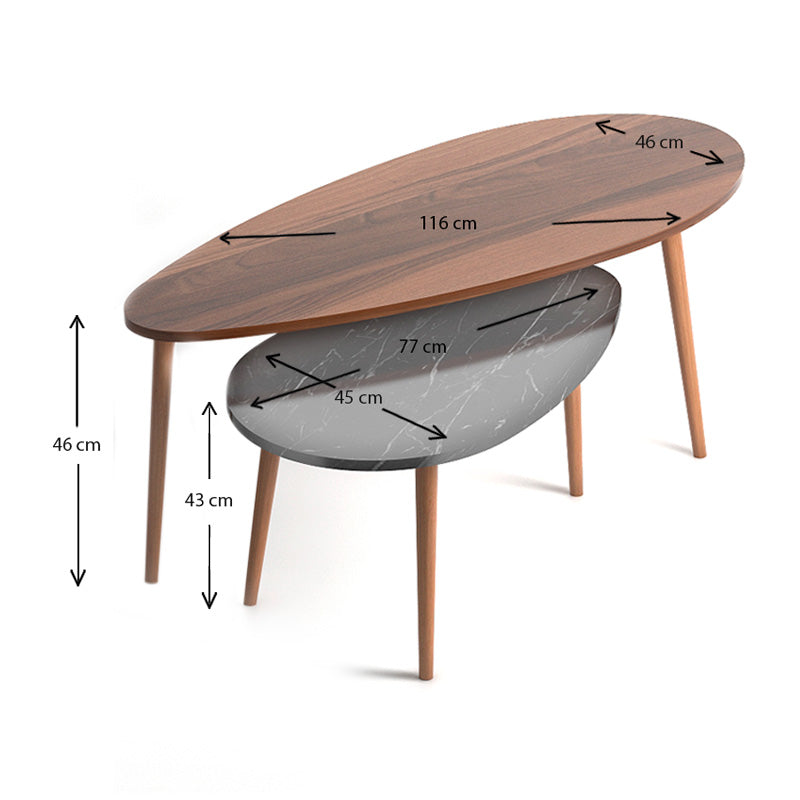 Βοηθητικά Τραπεζάκια Elips από Μελαμίνη Χρώμα Καρυδί - Μαύρο Εφέ Μαρμάρου 116x46x46