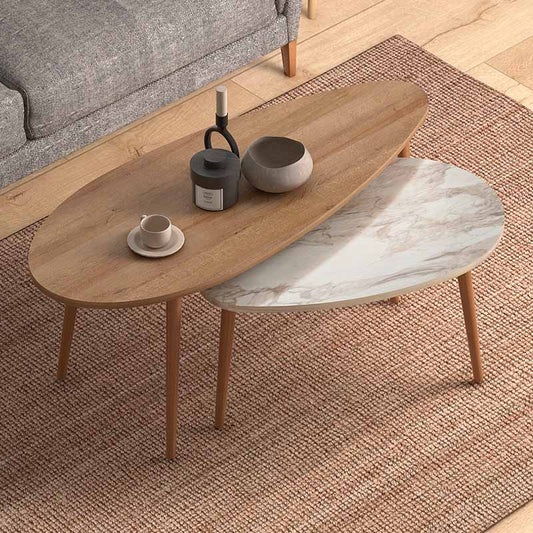 Βοηθητικά Τραπεζάκια Elips από Μελαμίνη Χρώμα Oak - Μπεζ Εφέ Μαρμάρου 116x46x46