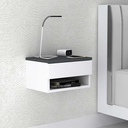 Κομοδίνο Επιτοίχιο Μελαμίνης Mary Χρώμα Ανθρακί - Λευκό 40x30x23