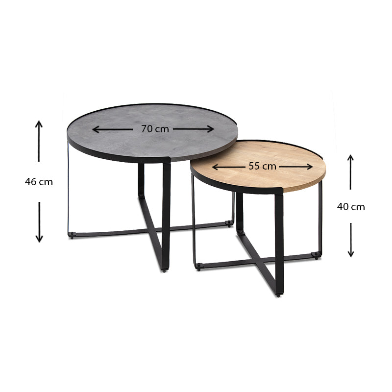 Σετ Τραπεζάκια Σαλονιού Davis 2 Τμχ Μεταλλικά - Μελαμίνης Γκρι Σκυροδέματος/Sonoma 70x69x46