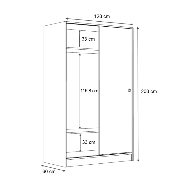 Ντουλάπα Ρούχων Regio Δίφυλλη Συρόμενη Χρώμα Καρυδί 120x60x200