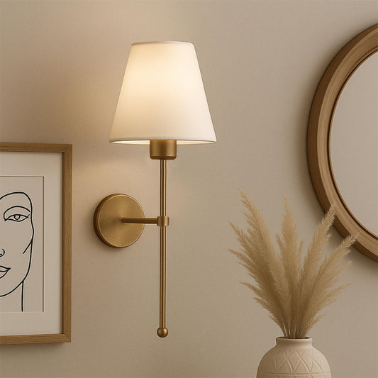 Απλίκα Τοίχου Verma E27 Υφασμάτινη - Μεταλλική Χρώμα Χρυσό - Κρεμ 13x13x50