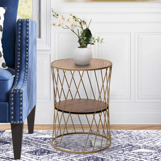 Βοηθητικό Τραπεζάκι Jaspin Μεταλλικό - MDF Χρώμα Χρυσό - Καρυδί 32x32x44