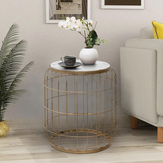 Σκαμπώ - Τραπεζάκι Βοηθητικό Muller Μεταλλικό - MDF Χρώμα Χρυσό - Λευκό 35x35x47