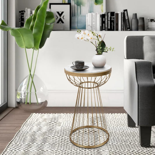 Βοηθητικό Τραπεζάκι Mantare Μεταλλικό - MDF Χρώμα Χρυσό - Λευκό Εφέ Μαρμάρου 35x35x58