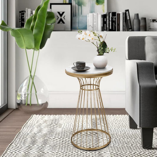 Βοηθητικό Τραπεζάκι Tekosi Μεταλλικό - MDF Χρώμα Χρυσό - Λευκό Εφέ Μαρμάρου 35x35x58