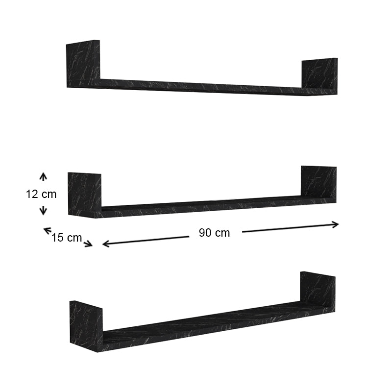 Ραφιέρα Τοίχου Tyrion 3 Τεμαχίων από Μελαμίνη Χρώμα Μαύρο Εφέ Μαρμάρου 90x15x12