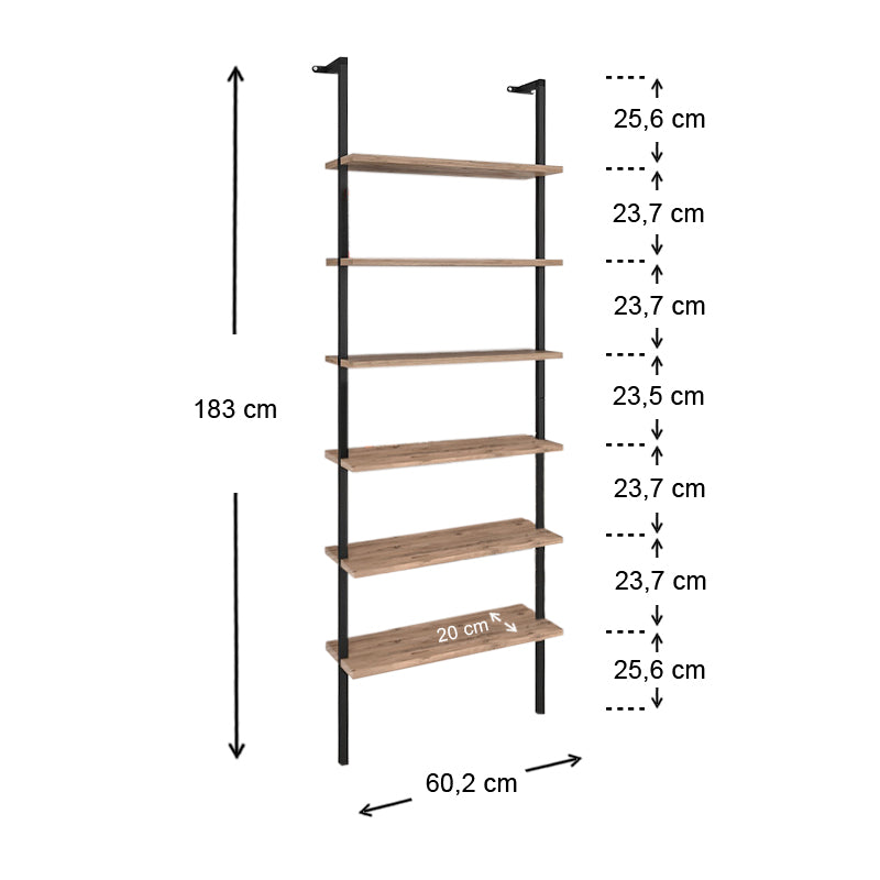 Βιβλιοθήκη Τοίχου Madison Μεταλλική - Μελαμίνης Χρώμα Μαύρο - Pine Oak 60x20x183