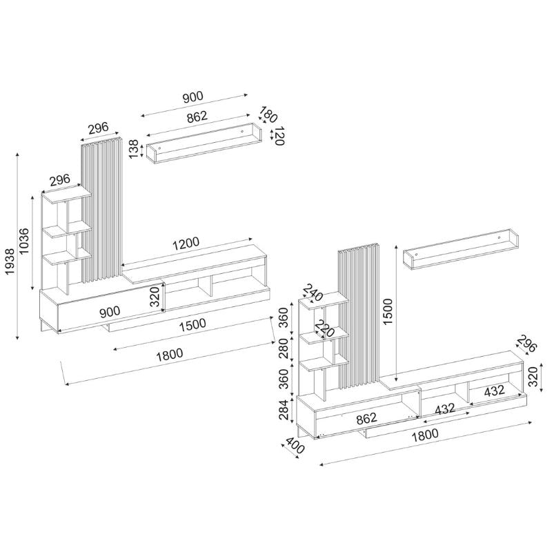 Σύνθεση Τηλεόρασης Vermont Χρώμα Ανθρακί - Sepet Oak 180x40x193,8