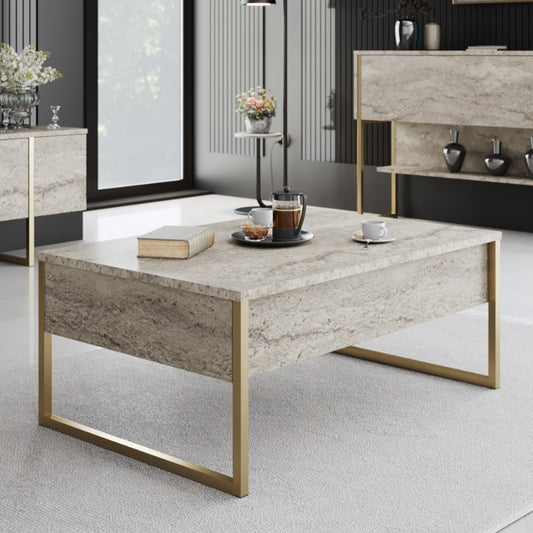 Τραπεζάκι Σαλονιού Luxe Χρώμα Travertine - Χρυσό 90x60x40