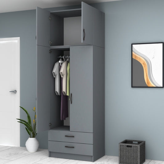 Ντουλάπα Ρούχων Ricardo Δίφυλλη με Πατάρι Χρώμα Ανθρακί 80x51,8x240