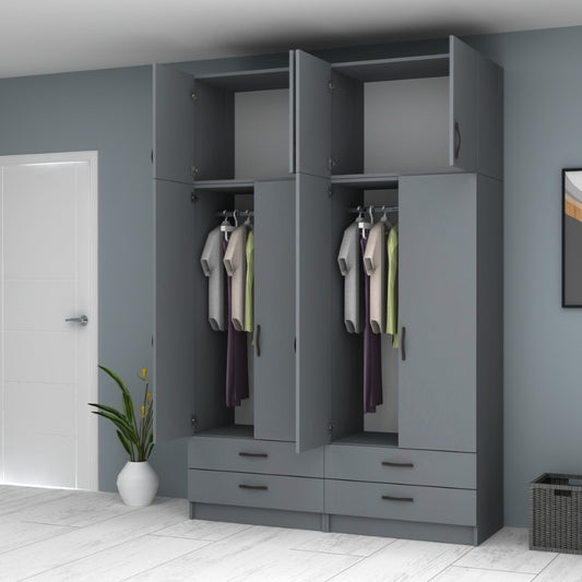 Ντουλάπα Ρούχων Ricardo Τετράφυλλη με Πατάρι Χρώμα Ανθρακί 160x51,8x240