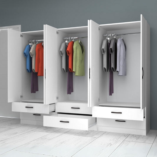 Ντουλάπα Ρούχων Ricardo Εξάφυλλη με Συρτάρια Χρώμα Λευκό 240x51,8x181