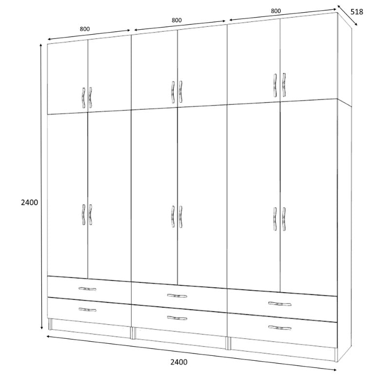 Ντουλάπα Ρούχων Ricardo Εξάφυλλη με Πατάρι και Συρτάρια Χρώμα Καρυδί 240x51,8x240