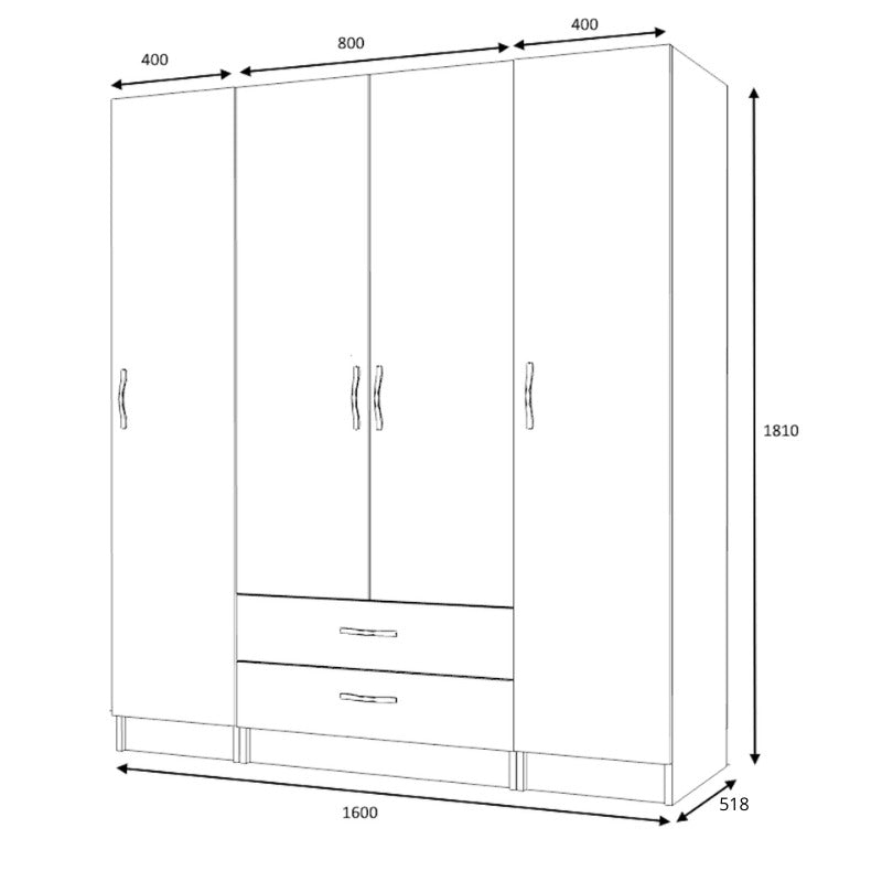 Ντουλάπα Ρούχων Ricardo Τετράφυλλη Χρώμα Καρυδί 160x51,8x181