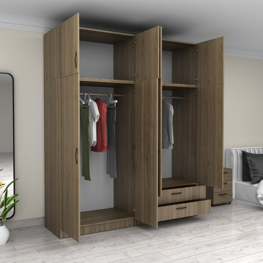 Ντουλάπα Ρούχων Victoria Τετράφυλλη με Πατάρι και Συρτάρια Χρώμα Καρυδί 200x60x240