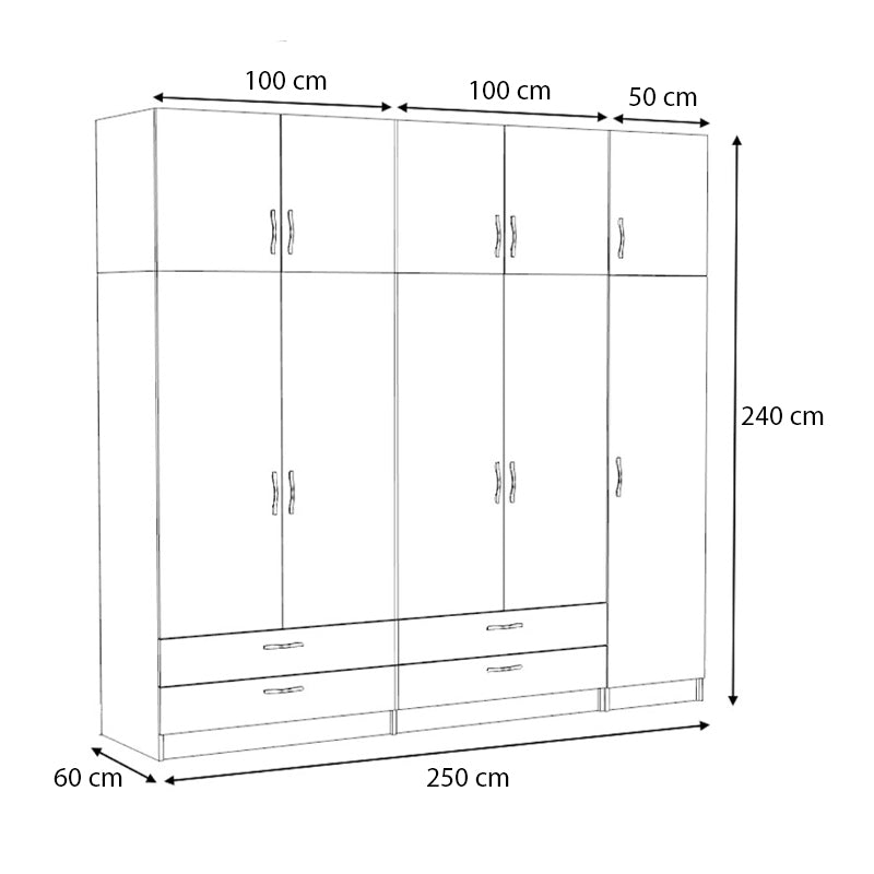 Ντουλάπα Ρούχων Victoria Πεντάφυλλη με Πατάρι και Συρτάρια Χρώμα Καρυδί 250x60x240