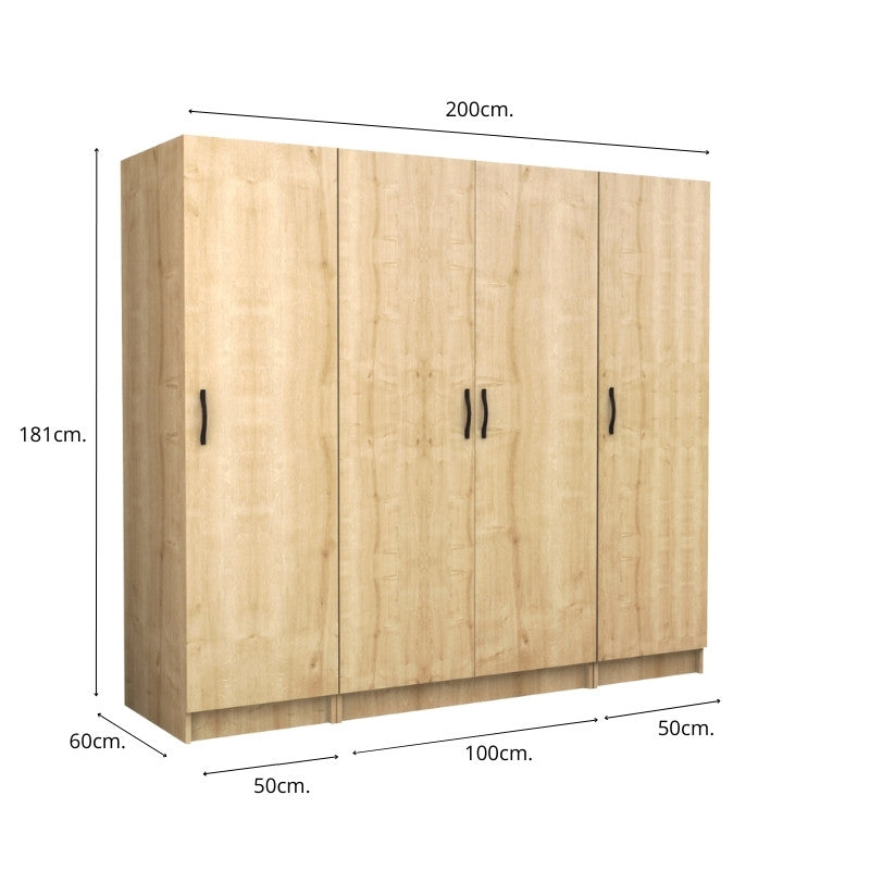 Ντουλάπα Ρούχων Victoria Τετράφυλλη Χρώμα Φυσικό Οξιάς 200x60x181