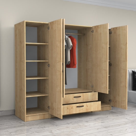 Ντουλάπα Ρούχων Victoria Τετράφυλλη με Συρτάρια Χρώμα Φυσικό Οξιάς 200x60x181