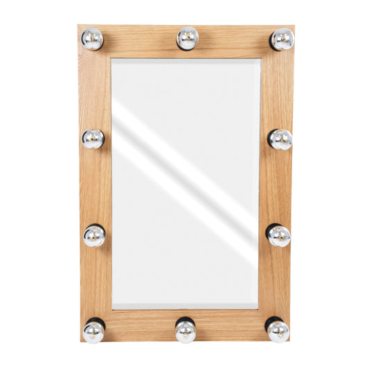 MAKEUP MIRROR-60x90-1 Μοντέρνος Καθρέπτης Μακιγιάζ με Πλαίσιο Φυσικού Ξύλου με Διακόπτη On/Off 10 x E27 AC220-240V - Μ60 x Π7 x Υ90cm - Μπεζ Δρυς