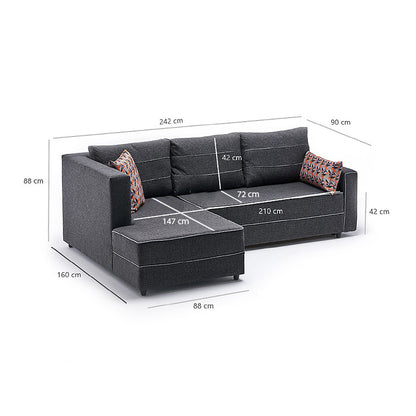 Γωνιακός Καναπές - Κρεβάτι Ece Αριστερή Γωνία Υφασμάτινος Με Αποθηκευτικό Χώρο Χρώμα Ανθρακί 242X160X88