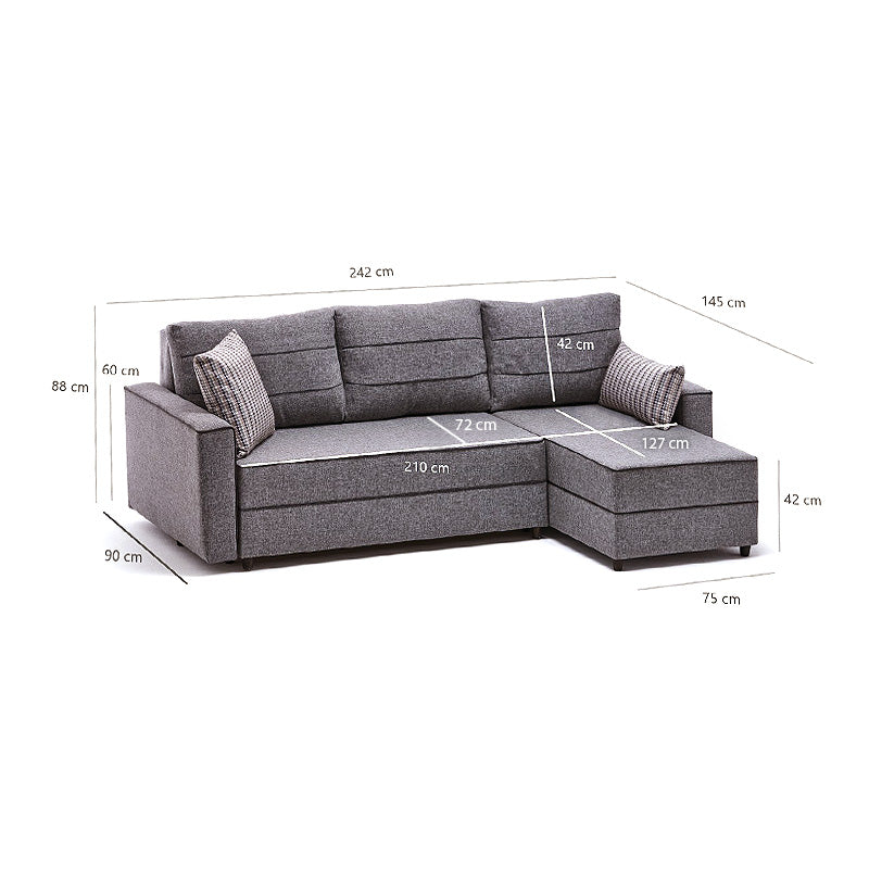 Γωνιακός Καναπές - Κρεβάτι Ece Δεξιά Γωνία Υφασμάτινος Με Αποθηκευτικό Χώρο Χρώμα Γκρι 242X150X88