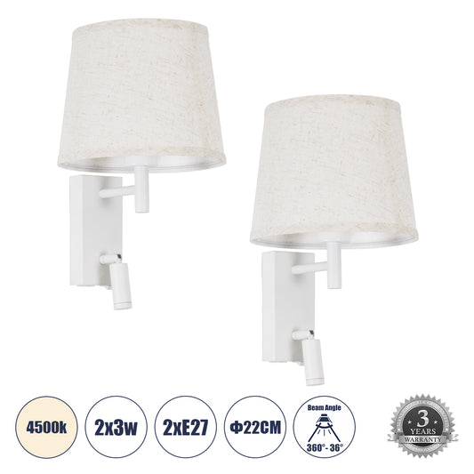 ROULETTE-R 61380 Μοντέρνο Φωτιστικό Τοίχου - Απλίκα Ξενοδοχείου Bed Side LED 3W 360lm & 1 x E27 36° & 360° AC 220-240V - Reading Up/Down Light - Φορτιστής USB 3A - Μ22 x Π23.5 x Υ37cm - Φυσικό Λευκό 4500K - Λευκό με Μπεζ Καπέλο - Σετ 2 Τεμαχίων