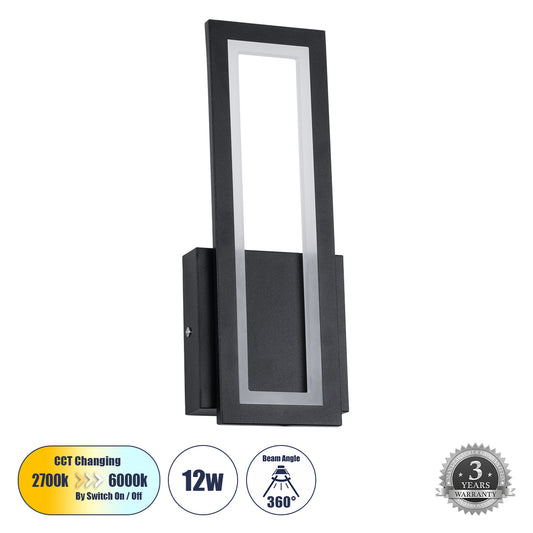 TIARA 61327 Φωτιστικό Τοίχου - Απλίκα Design LED CCT 12W 1440lm 360° AC 220-240V - Εναλλαγή Φωτισμού μέσω Διακόπτη On/Off All In One Ψυχρό 6000k+Φυσικό 4500k+Θερμό 2700k Μ12.5 x Π4 x Υ32cm - Μαύρο