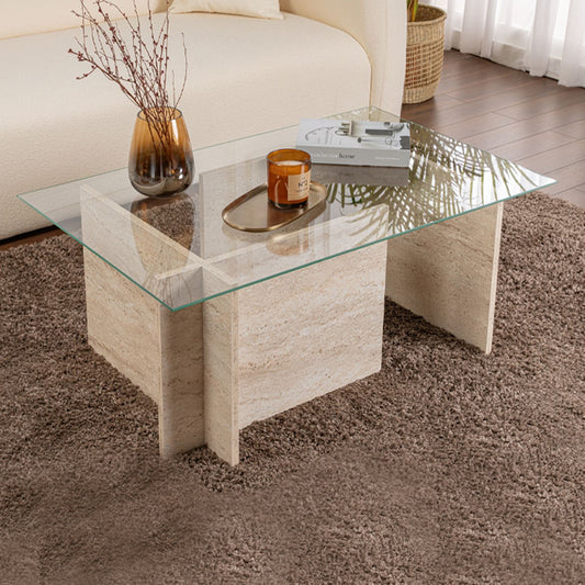 Τραπεζάκι Σαλονιού Vetrino Γυάλινο Χρώμα Travertine 105x65x40