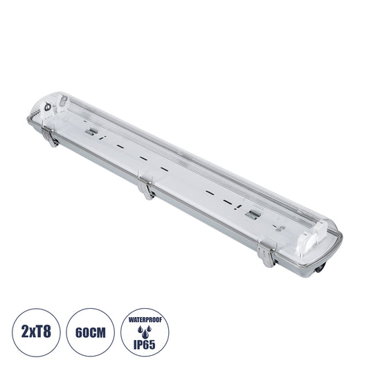 VIGAS 90611 Γραμμικό Βιομηχανικό Φωτιστικό Σκαφάκι Tri-Proof με Μεταλλικά Clips για 2 x Λάμπες T8 G13 60cm Τύπου Φθορίου LED Τροφοδοσίας Ενός Άκρου 120° AC 220-240V Αδιάβροχο IP65 - Γκρι με Διάφανο Κάλυμμα Πλαστικό PC - Μ66 x Π11.5 x Υ9