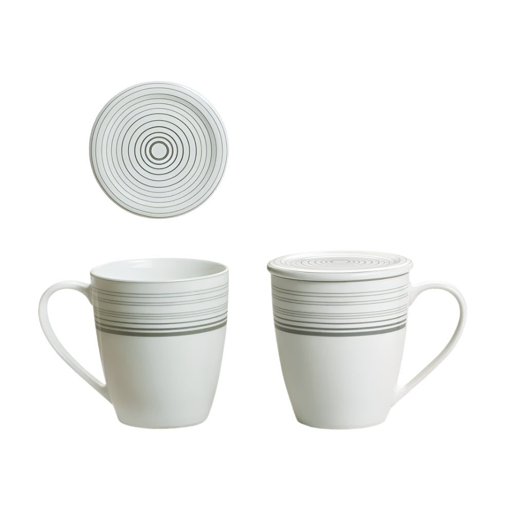 Κούπα Πορσελάνης New Bone 360ml με Καπάκι Σχέδιο Ασημί Κύκλοι