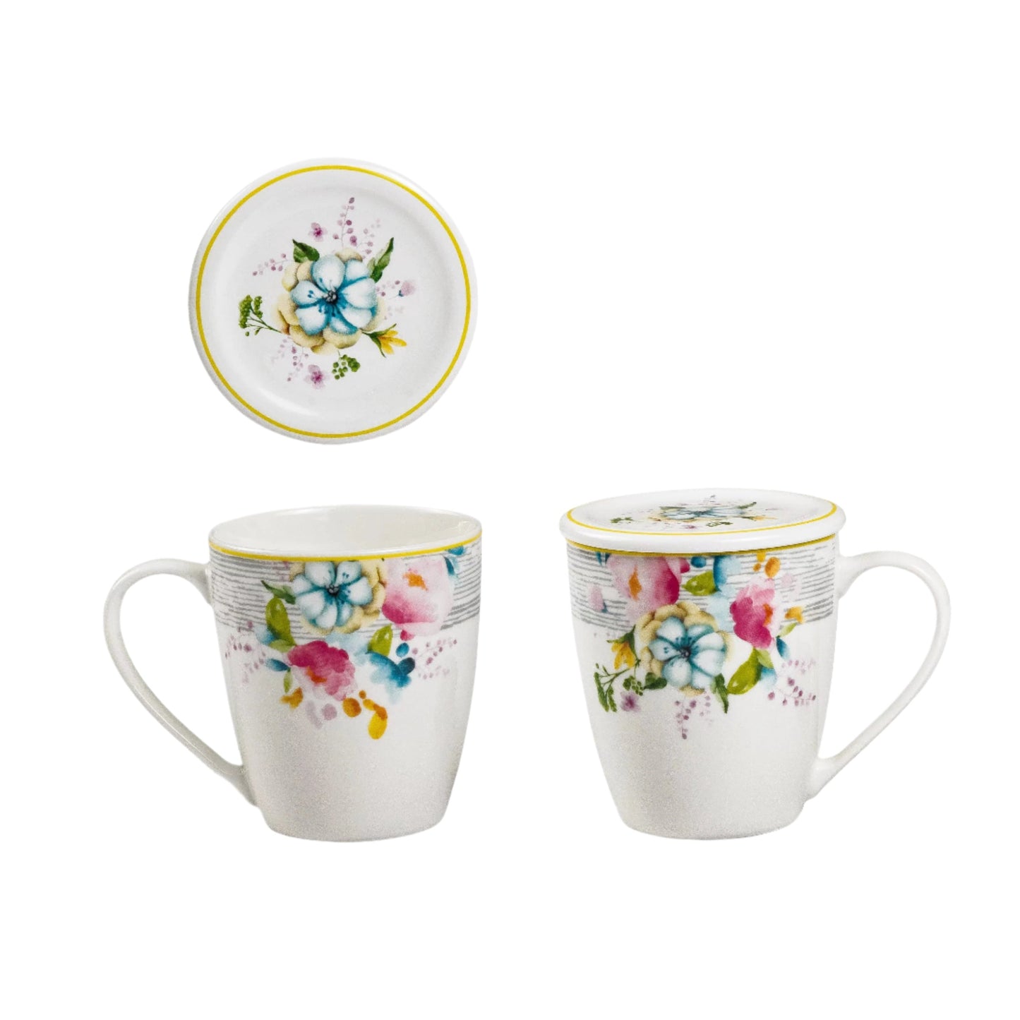 Κούπα Πορσελάνης New Bone 360ml με Καπάκι Σχέδιο Πολύχρωμα Λουλούδια