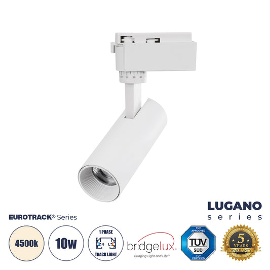 LUGANO 60801 Μονοφασικό Φωτιστικό Σποτ Ράγας LED 10W 1250lm 36° Acrylic HQ LENS AC 220-240V IP20 Φ4.5 x Υ19cm Φυσικό Λευκό 4500K - EUROTRACK® System 1L+1N - Λευκό - Bridgelux Chip - TÜV Certified Driver