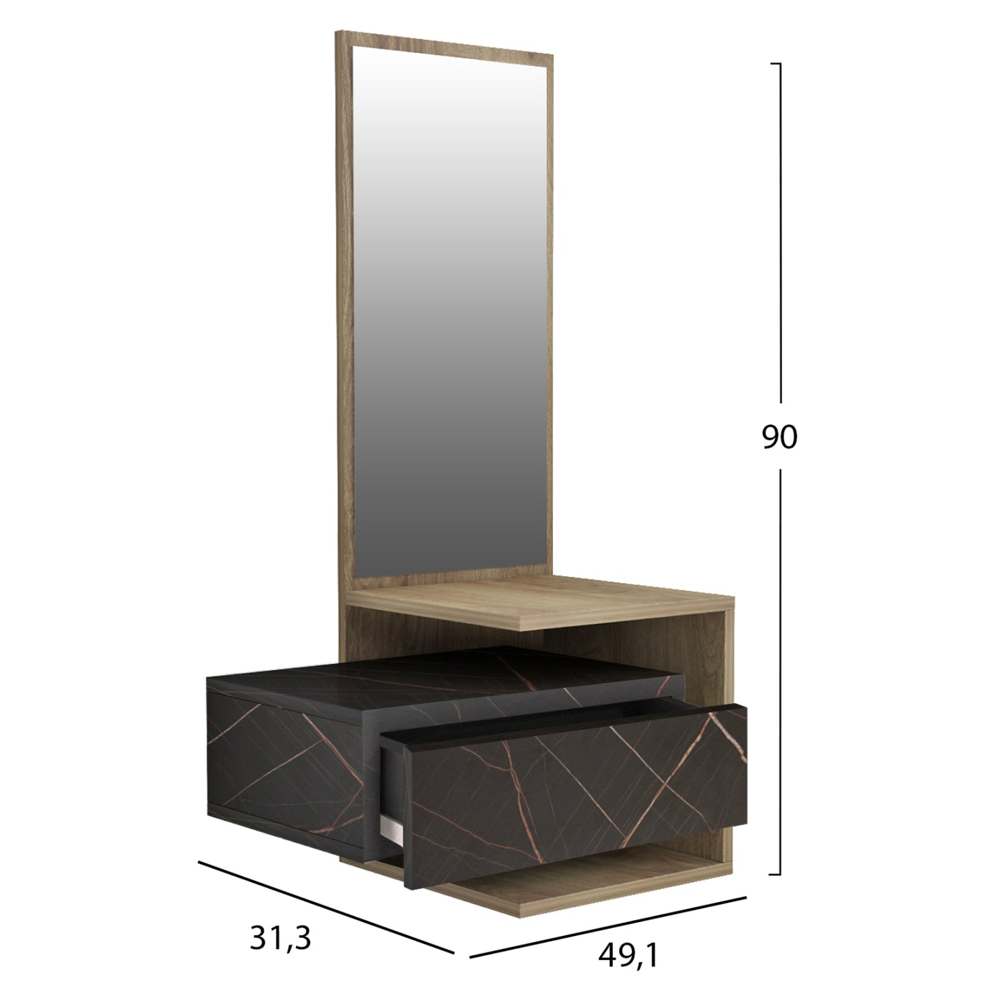 WALL ENTRANCE FURNITURE WITH MIRROR MEARA MELAMINE BLACK MARBLE NATURAL 49,1x31,3x90