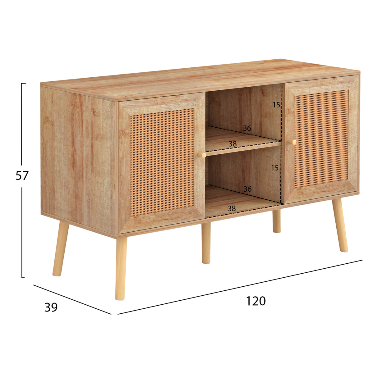 COLM MELAMINE TV STAND WITH RATTAN DOORS IN NATURAL COLOR 120x39x57
