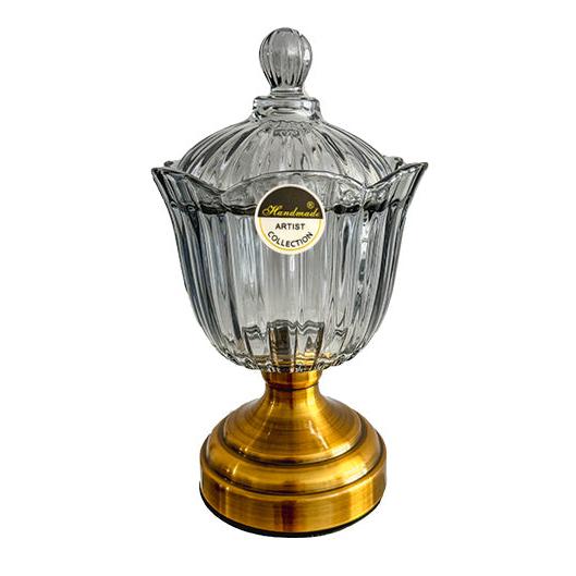 Διακοσμητική Γυάλινη Φοντανιέρα με Γυάλινο Καπάκι και Αντικέ Χρυσό Πόδι 15x15x27