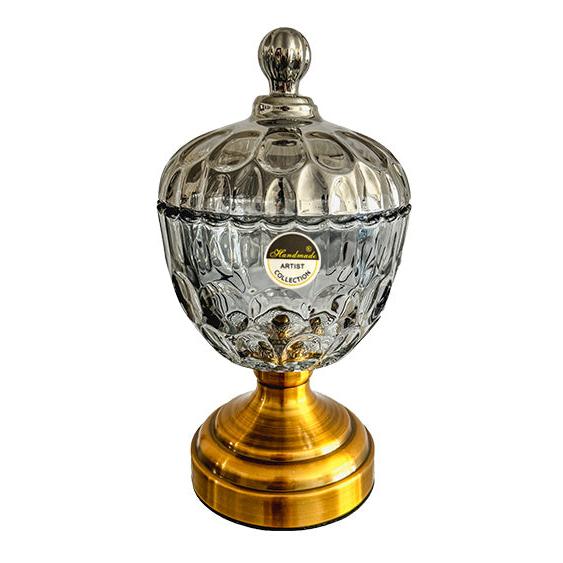 Διακοσμητική Γυάλινη Φοντανιέρα με Γυάλινο Καπάκι και Αντικέ Χρυσό Πόδι 14x14x26