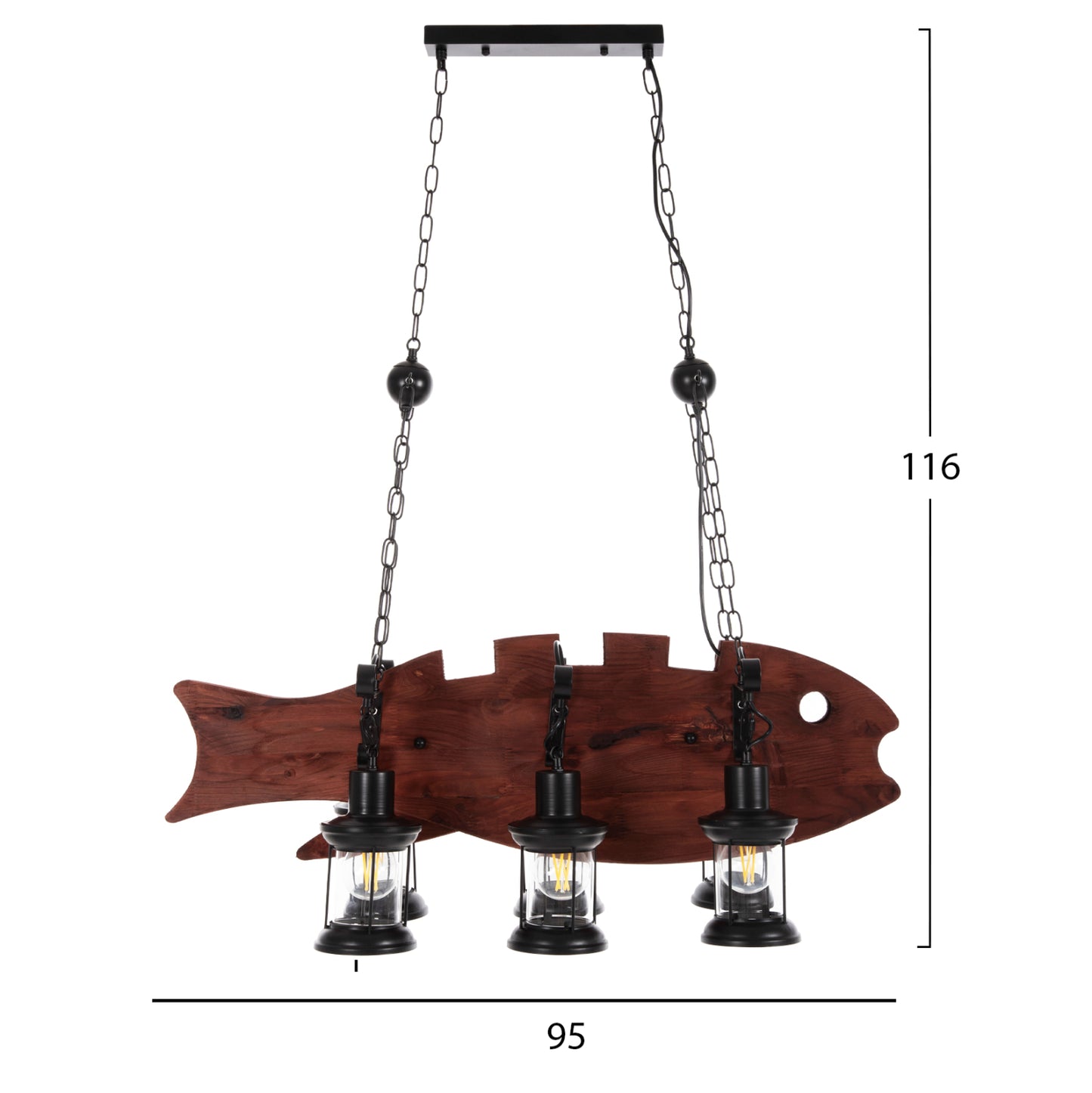 CEILING HANGING LAMP 6-LIGHT WOODEN FISH BLACK METAL GLASS 95x35x116