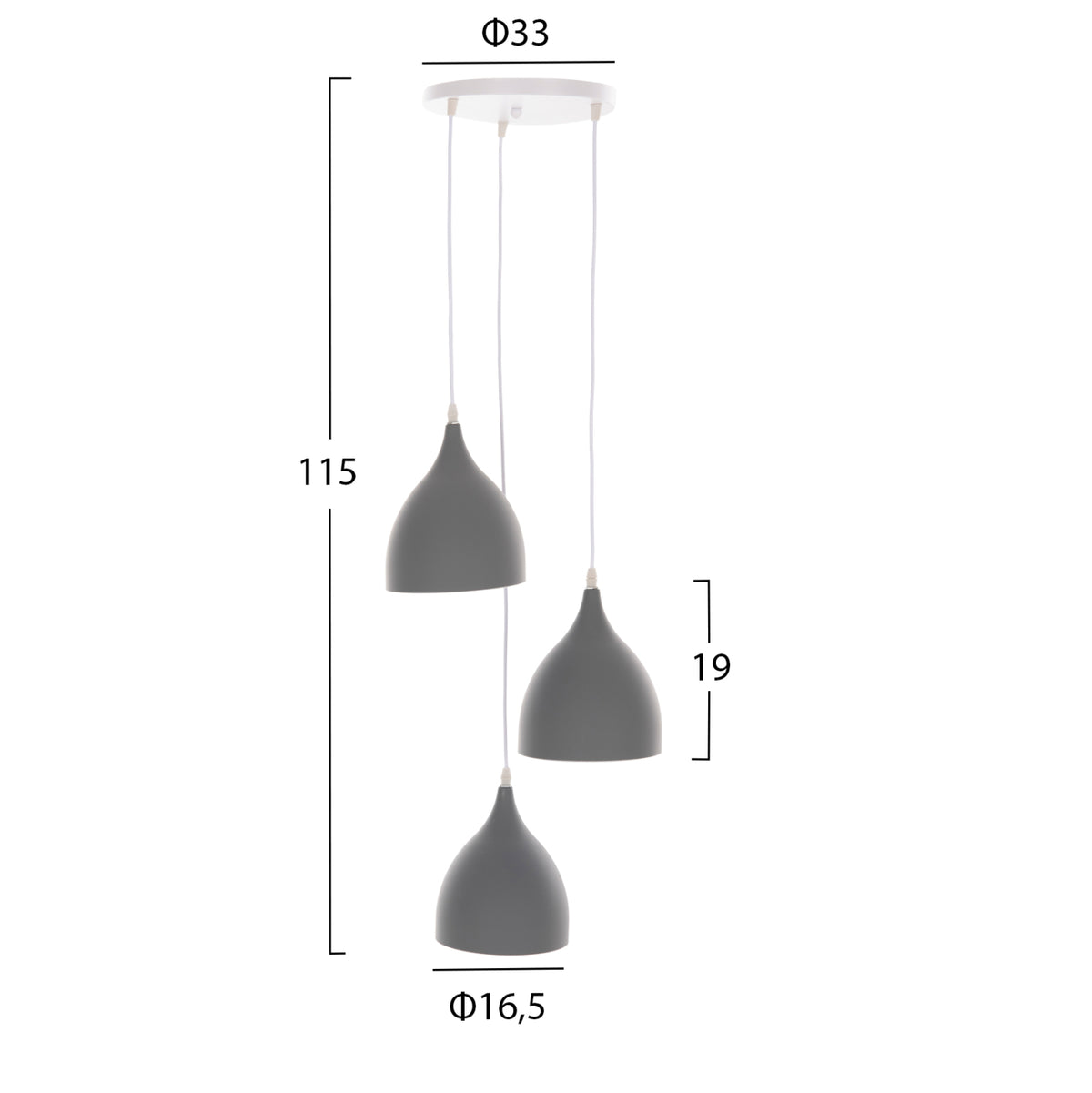 GREY METAL 3-LIGHT PENDANT CEILING LAMP D33x115