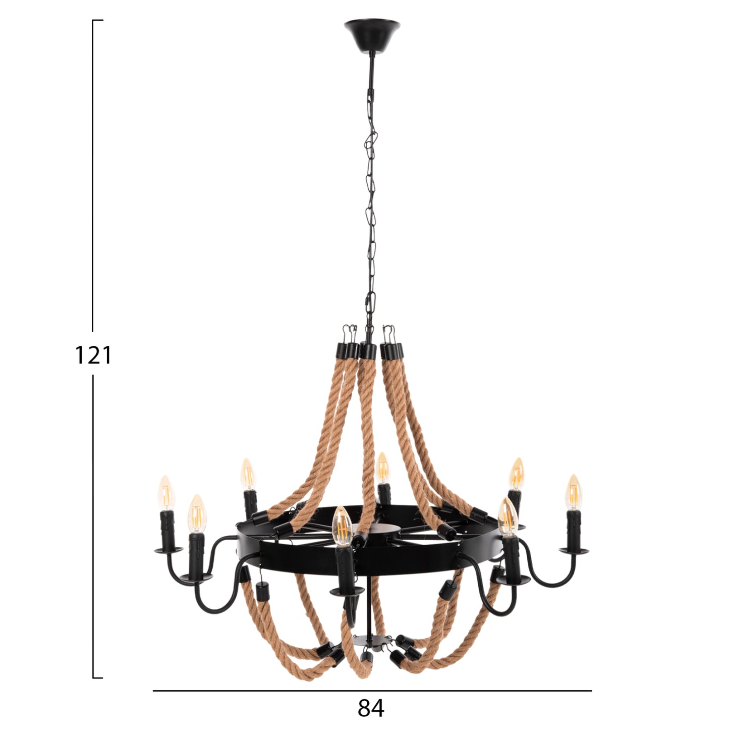 CEILING LIGHT PENDANT 8-LIGHT ROPE AND BLACK METAL 84x84x121