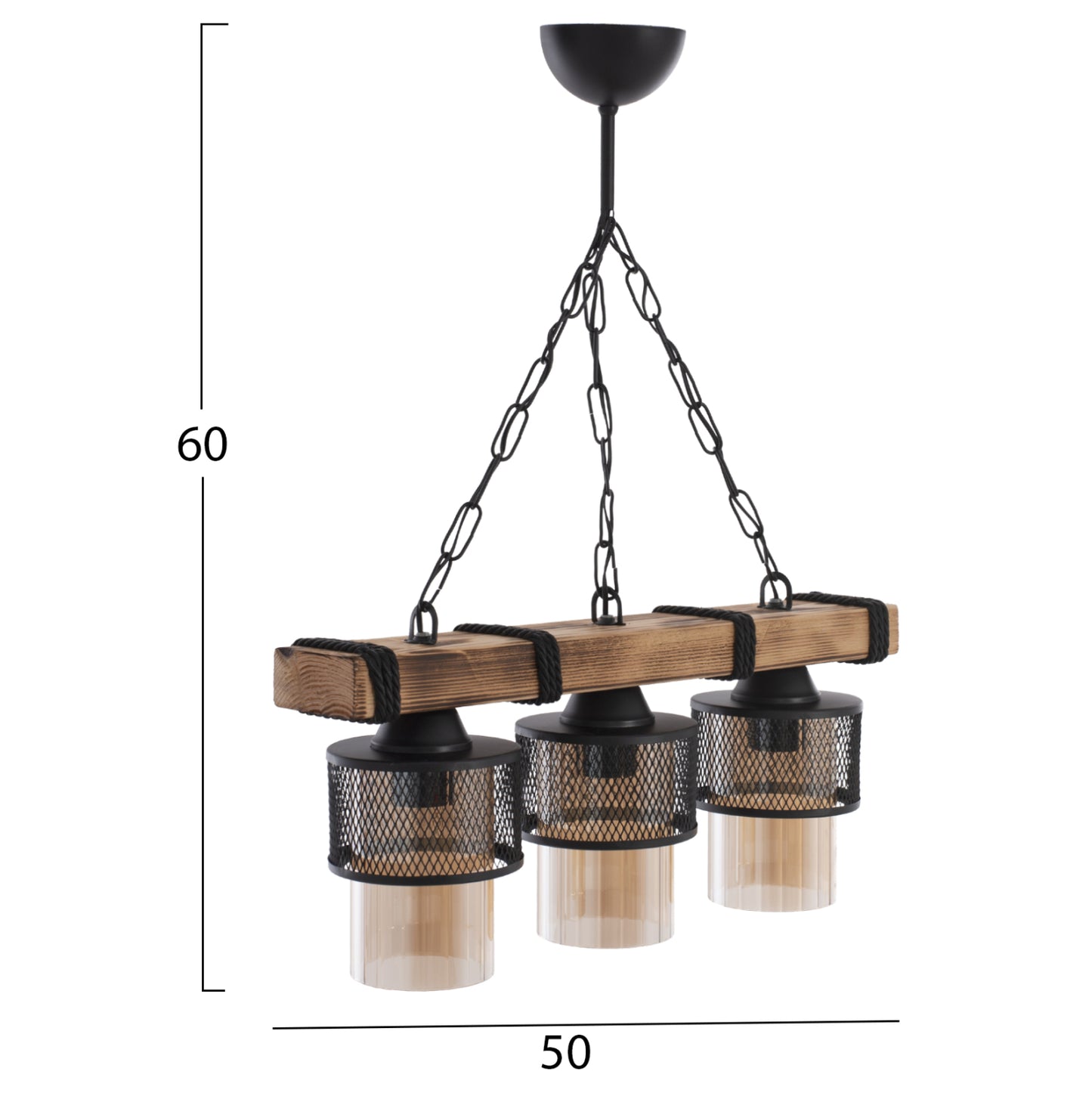 THREE-LIGHT CEILING FIXTURE WITH CHAIN, WOOD, AND METAL SHADES 50x12x60