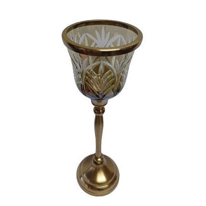 Γυάλινο Χρυσό/Μελί Κηροπήγιο με Μεταλλική Χρυσή Αντικέ Βάση 12x12x33