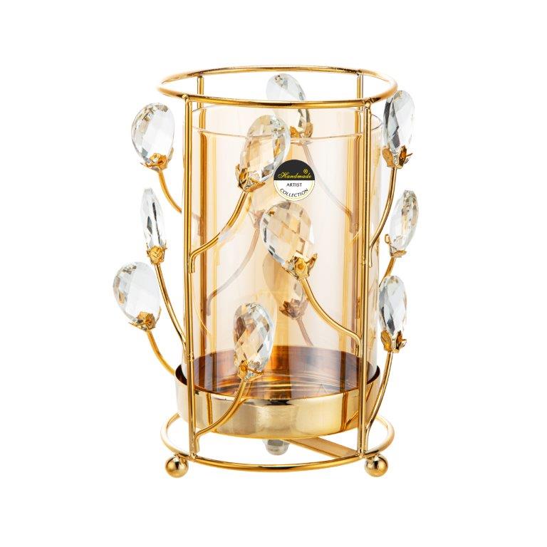 Κηροπήγιο Γυάλινο/Μέταλλο με Xρυσές Διακοσμητικές Διακλαδώσεις 11.8x11.8x19.2