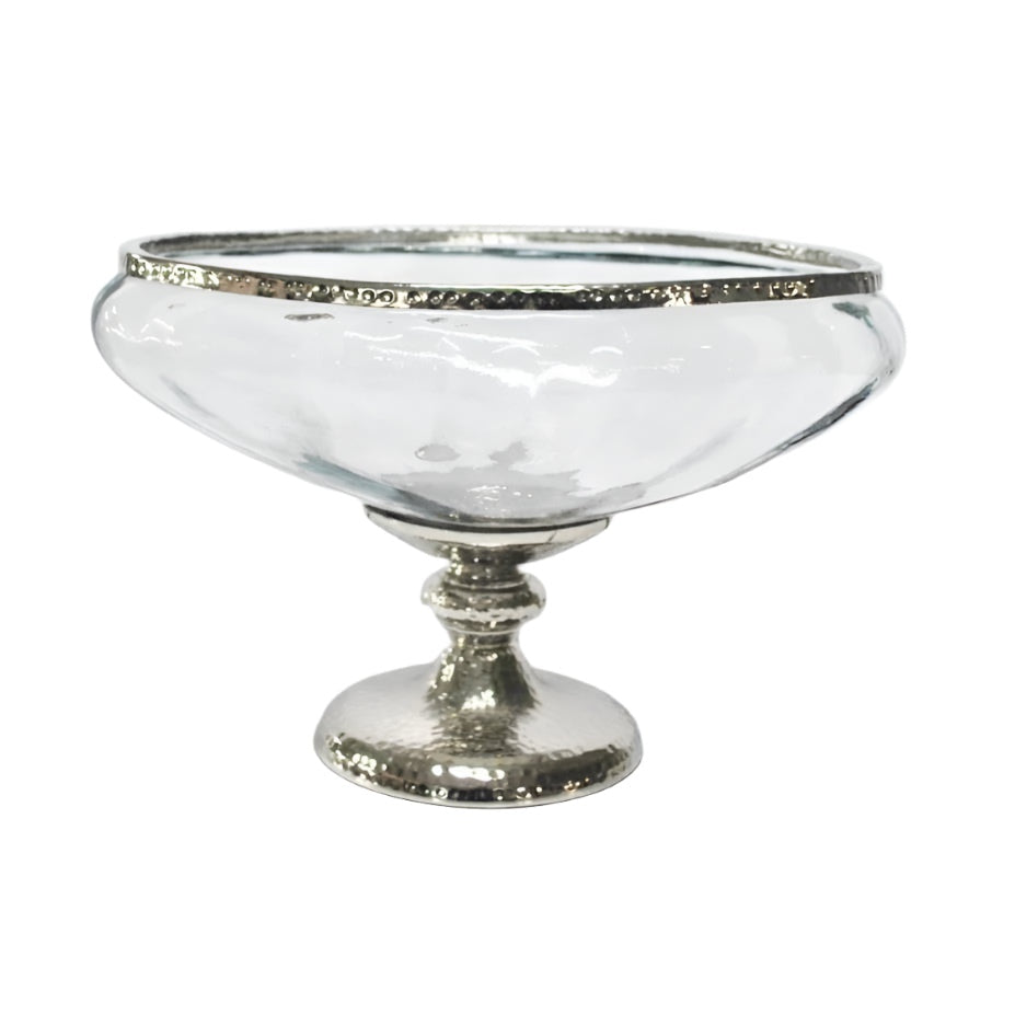Γυάλινη Οβάλ Κουπ Γόνδολα με Μεταλλική Aσημί Αντικέ Βάση Πόδι 31x20x22