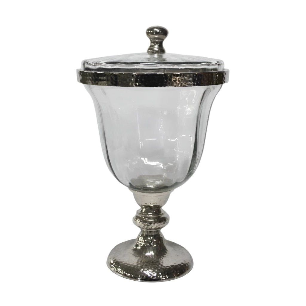 Διακοσμητική Γυάλινη Φοντανιέρα με Ασημί Μεταλλικό Καπάκι & Αντικέ Πόδι 15x15x27