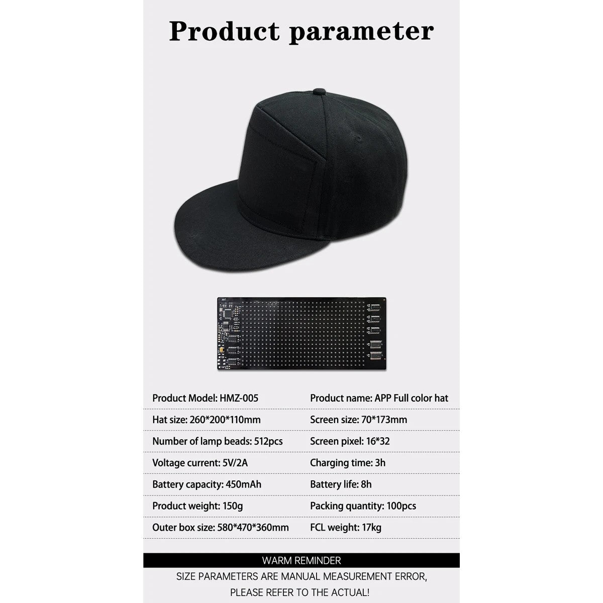 MATRIX GLB-106-0014 Καπέλο με Κυλιόμενη Ψηφιακή Επιγραφή P4 32x16 Pixel LED 0.9W DC 5V με Επαναφορτιζόμενη Μπαταρία PXM 602040 Li-ion 3.7V 400mAh IP20 Πολύχρωμο RGB - Bluetooth Control μέσω iPIXEL APP - Μ28 x Π12 x Υ13