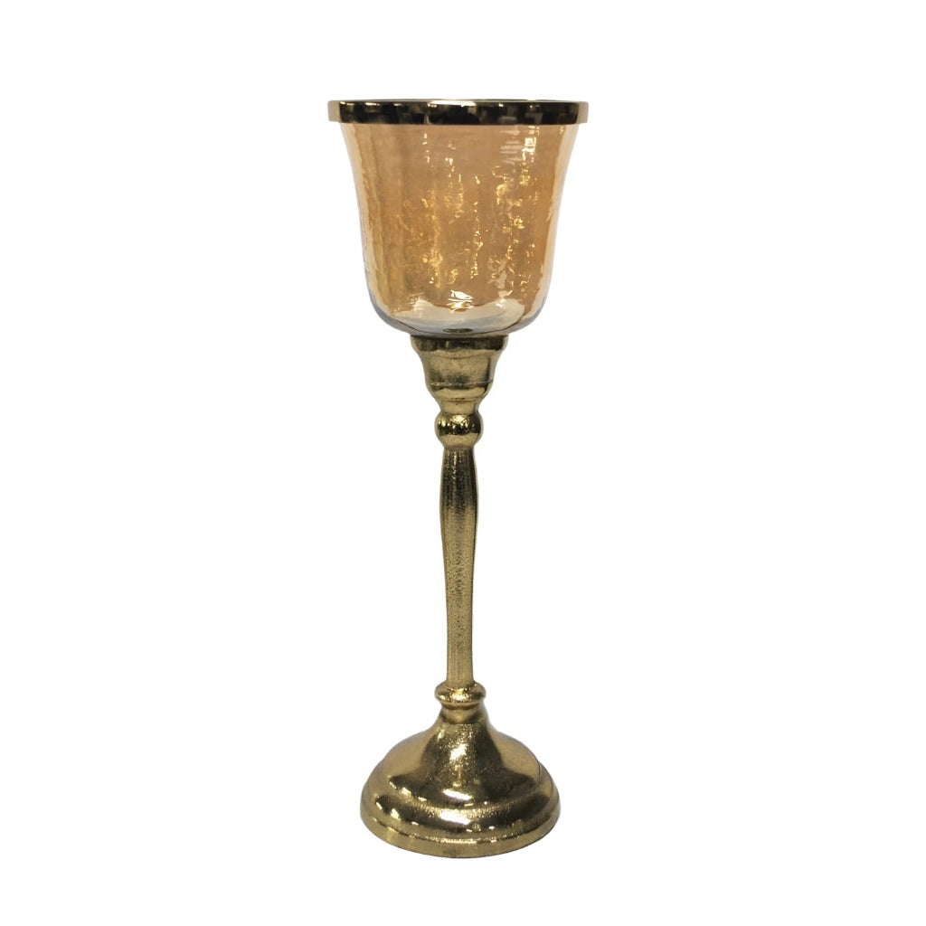 Γυάλινο Μελί Κηροπήγιο με Μεταλλική Αντικέ Χρυσή Βάση 11.5x11.5x34