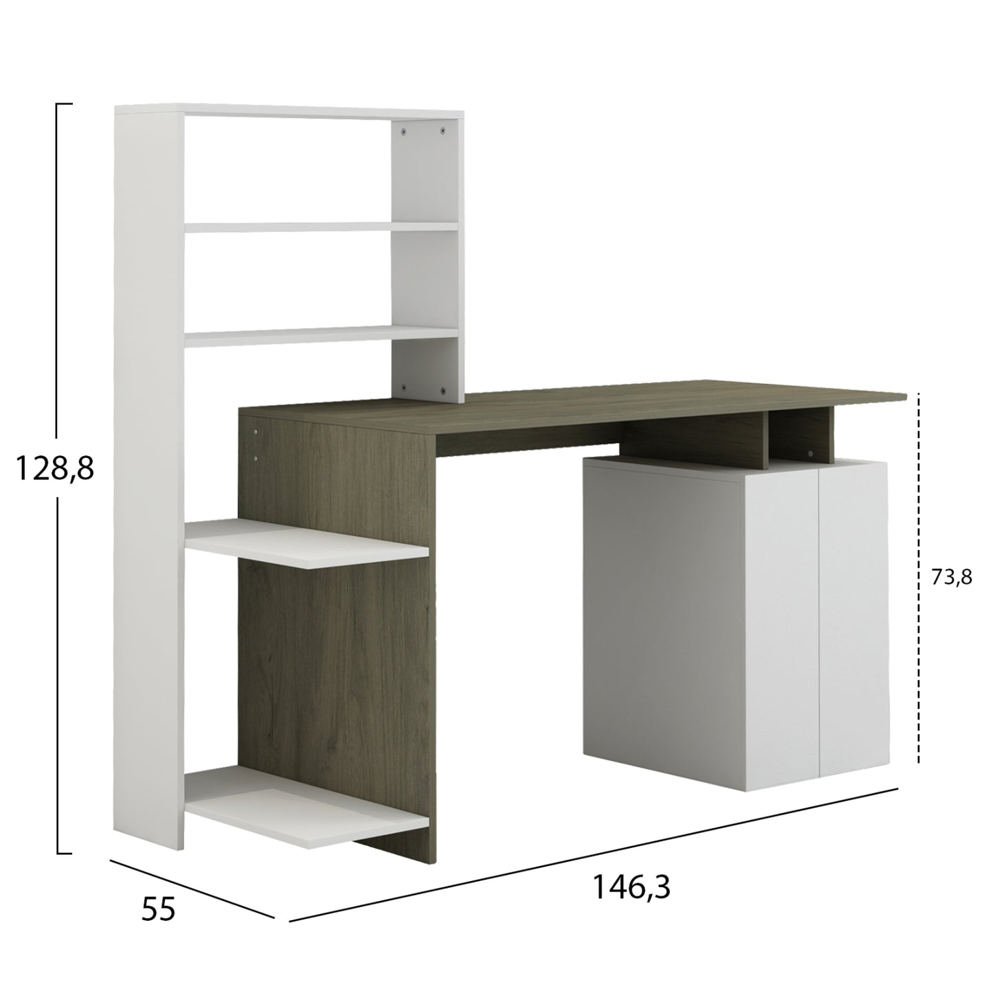 ΓΡΑΦΕΙΟ ΜΕ ΒΙΒΛΙΟΘΗΚΗ ROCHELL ΜΕΛΑΜΙΝΗ OLIVE GREY ΛΕΥΚΟ 146,3x55x128,8